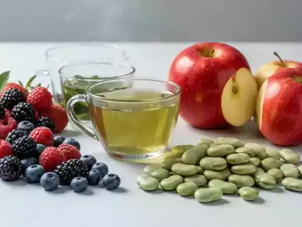 Eine Nahaufnahme von frischen Beeren, grünem Tee, Äpfeln mit Schale und Saubohnen, die auf einer hellen Oberfläche arrangiert sind. - Foto: über boerse-global.de