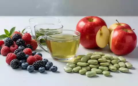 Eine Nahaufnahme von frischen Beeren, grünem Tee, Äpfeln mit Schale und Saubohnen, die auf einer hellen Oberfläche arrangiert sind. - Foto: über boerse-global.de