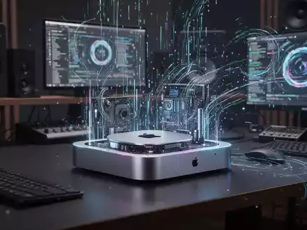 Close-up of an Apple Mac Mini M4 Pro, showing its sleek design and subtle internal glow, on a modern tech desk. - Foto: über boerse-global.de