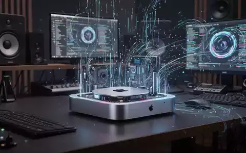 Close-up of an Apple Mac Mini M4 Pro, showing its sleek design and subtle internal glow, on a modern tech desk. - Foto: über boerse-global.de