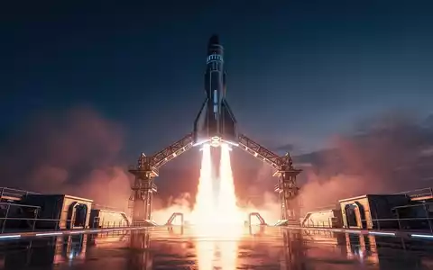 Eine futuristische Rakete startet in einen Dämmerungshimmel, mit einer feurigen Spur. Symbolisiert technologischen Fortschritt und Raumfahrt. - Foto: über boerse-global.de