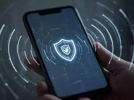 Ein Android-Smartphone-Bildschirm zeigt ein abstraktes digitales Bedrohungssymbol, während im Hintergrund verschwommene Datenwellen zu sehen sind. - Foto: über boerse-global.de