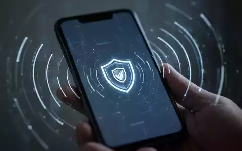 Ein Android-Smartphone-Bildschirm zeigt ein abstraktes digitales Bedrohungssymbol, während im Hintergrund verschwommene Datenwellen zu sehen sind. - Foto: über boerse-global.de