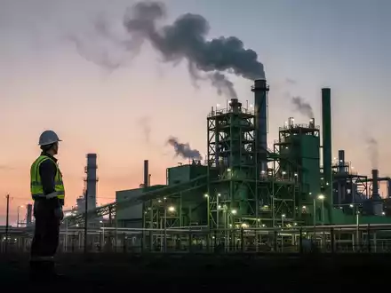 Eine moderne, grüne Stahlproduktionsanlage bei Sonnenuntergang, mit einem Arbeiter, der auf die Anlage blickt. - Foto: über boerse-global.de