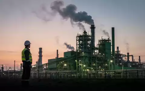 Eine moderne, grüne Stahlproduktionsanlage bei Sonnenuntergang, mit einem Arbeiter, der auf die Anlage blickt. - Foto: über boerse-global.de