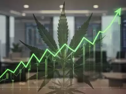 Ein stilisierter, aufwärts gerichteter Finanzgraph mit dezenten Cannabisblättern im Hintergrund, der Wachstum und einen Aktienrückkauf symbolisiert. - Foto: über boerse-global.de