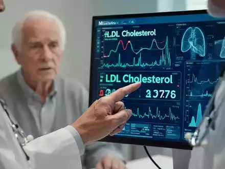 Nahaufnahme einer Hand, die auf ein digitales medizinisches Diagramm mit hohen LDL-Cholesterinwerten zeigt, im Hintergrund ein Patient. - Foto: über boerse-global.de