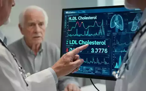 Nahaufnahme einer Hand, die auf ein digitales medizinisches Diagramm mit hohen LDL-Cholesterinwerten zeigt, im Hintergrund ein Patient. - Foto: über boerse-global.de