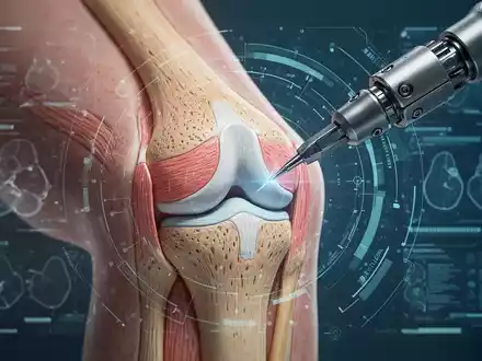 Nahaufnahme eines menschlichen Kniegelenks, das den Meniskus zeigt, mit einer Überlagerung von diagnostischen Daten oder einem Roboterarm. - Foto: über boerse-global.de