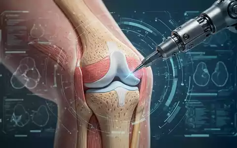 Nahaufnahme eines menschlichen Kniegelenks, das den Meniskus zeigt, mit einer Überlagerung von diagnostischen Daten oder einem Roboterarm. - Foto: über boerse-global.de