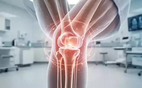 Ein detailliertes Bild eines menschlichen Kniegelenks, das durchscheinend Knochen und Knorpel zeigt, umgeben von leuchtenden Linien, die Therapie darstellen. - Foto: über boerse-global.de