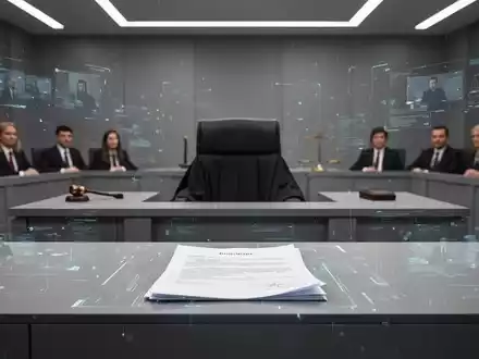 Ein minimalistischer Gerichtssaal mit subtilen digitalen Elementen, die Streaming und Medien darstellen, und einem Fokus auf das Richterpult. - Foto: über boerse-global.de