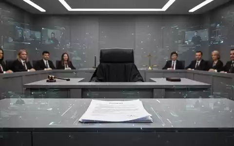 Ein minimalistischer Gerichtssaal mit subtilen digitalen Elementen, die Streaming und Medien darstellen, und einem Fokus auf das Richterpult. - Foto: über boerse-global.de