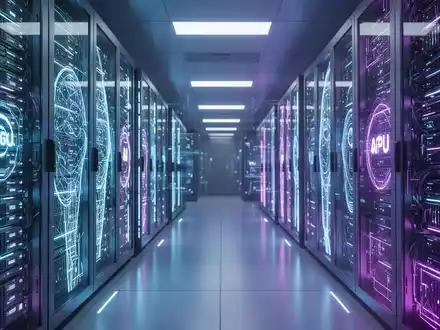 Glowing server racks in a futuristic data center, symbolizing advanced AI and GPU technology like NVIDIA's Blackwell architecture. - Foto: über boerse-global.de