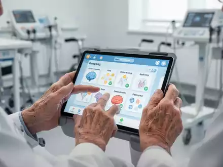 Ältere Hände interagieren mit einem Tablet, das eine Gehirntrainings-App anzeigt, in einer modernen Rehabilitationsumgebung. - Foto: über boerse-global.de