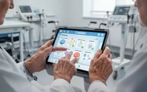 Ältere Hände interagieren mit einem Tablet, das eine Gehirntrainings-App anzeigt, in einer modernen Rehabilitationsumgebung. - Foto: über boerse-global.de