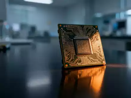 Nahaufnahme eines modernen Mikrochips mit komplexen Schaltkreisen, dramatisch beleuchtet auf dunklem Hintergrund. - Foto: über boerse-global.de