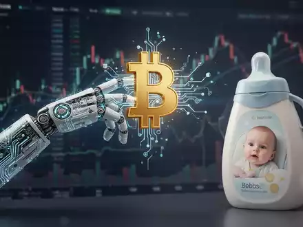 Ein digitaler Arm mit Bitcoin-Symbol greift nach einem Babyprodukt vor verschwommenen Finanzcharts. - Foto: über boerse-global.de