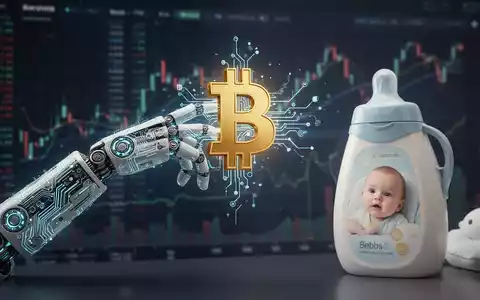 Ein digitaler Arm mit Bitcoin-Symbol greift nach einem Babyprodukt vor verschwommenen Finanzcharts. - Foto: über boerse-global.de