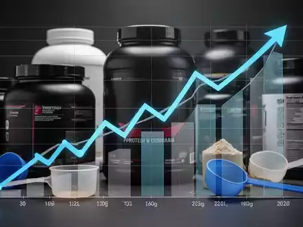 Ein Diagramm mit steigenden Preiskurven vor dem Hintergrund von Proteinpulverbehältern und Messlöffeln, das Preisanstiege symbolisiert. - Foto: über boerse-global.de