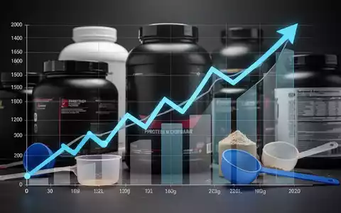 Ein Diagramm mit steigenden Preiskurven vor dem Hintergrund von Proteinpulverbehältern und Messlöffeln, das Preisanstiege symbolisiert. - Foto: über boerse-global.de