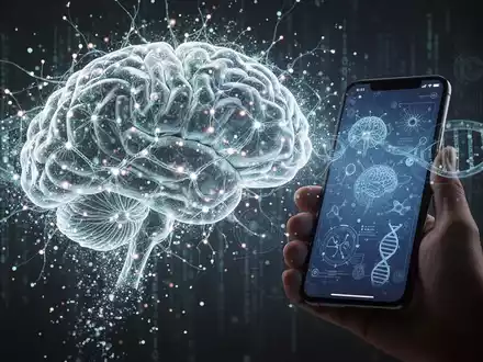 Ein stilisiertes Gehirn aus leuchtenden neuronalen Netzen, das sich in Datenpunkte auflöst, und eine Hand, die ein Smartphone hält. - Foto: über boerse-global.de