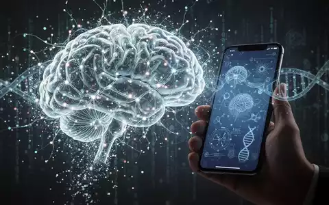 Ein stilisiertes Gehirn aus leuchtenden neuronalen Netzen, das sich in Datenpunkte auflöst, und eine Hand, die ein Smartphone hält. - Foto: über boerse-global.de