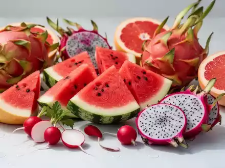 Eine Nahaufnahme von frischen, aufgeschnittenen Sommerfrüchten und -gemüse, darunter Wassermelone, Radieschen, Grapefruit und Drachenfrucht. - Foto: über boerse-global.de