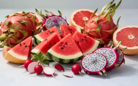 Eine Nahaufnahme von frischen, aufgeschnittenen Sommerfrüchten und -gemüse, darunter Wassermelone, Radieschen, Grapefruit und Drachenfrucht. - Foto: über boerse-global.de