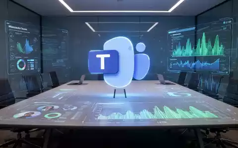 A stylized Microsoft Teams logo projected onto a conference table, with holographic displays showing meeting data and audio waveforms. - Foto: über boerse-global.de