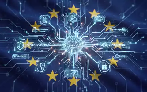 A glowing neural network with digital icons representing AI labels, overlaid on a backdrop of the European Union flag. - Foto: über boerse-global.de