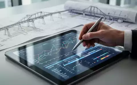 Eine Hand tippt mit einem Stift auf einem transparenten Tablet, das Finanzdiagramme und Projektzeitpläne anzeigt. Im Hintergrund sind Baupläne zu sehen. - Foto: über boerse-global.de