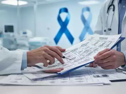 Nahaufnahme der Hände eines Arztes, der medizinische Diagramme überprüft, mit einer blauen Schleife im Hintergrund. - Foto: über boerse-global.de