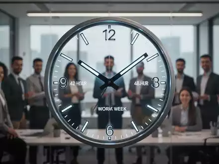 Eine stilisierte Uhr mit Zeigern, die auf 12 und 4 zeigen, vor dem verschwommenen Hintergrund eines modernen Büros mit Fachkräften. - Foto: über boerse-global.de