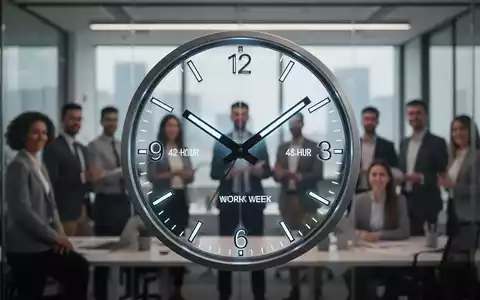 Eine stilisierte Uhr mit Zeigern, die auf 12 und 4 zeigen, vor dem verschwommenen Hintergrund eines modernen Büros mit Fachkräften. - Foto: über boerse-global.de