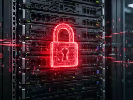 A glowing red digital lock superimposed on a dark server rack, with data streams and binary code flowing around it. - Foto: über boerse-global.de