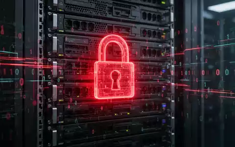 A glowing red digital lock superimposed on a dark server rack, with data streams and binary code flowing around it. - Foto: über boerse-global.de