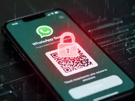 Ein Smartphone-Bildschirm zeigt eine gefälschte WhatsApp-Sicherheitsseite mit einem QR-Code und einem digitalen Vorhängeschloss. - Foto: über boerse-global.de