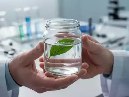 Hände halten ein Glas mit Wasser und Blatt, im Hintergrund verschwommen medizinische Instrumente, symbolisiert Gesundheit und Forschung. - Foto: über boerse-global.de