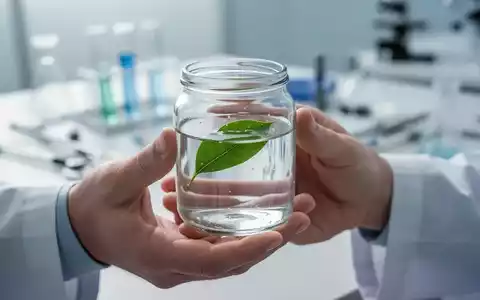 Hände halten ein Glas mit Wasser und Blatt, im Hintergrund verschwommen medizinische Instrumente, symbolisiert Gesundheit und Forschung. - Foto: über boerse-global.de