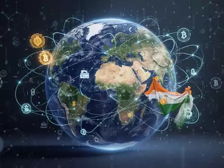 A stylized globe showing digital payment connections between the United States and India, with blockchain and currency symbols. - Foto: über boerse-global.de