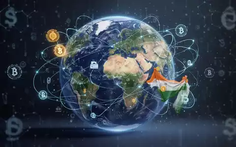 A stylized globe showing digital payment connections between the United States and India, with blockchain and currency symbols. - Foto: über boerse-global.de