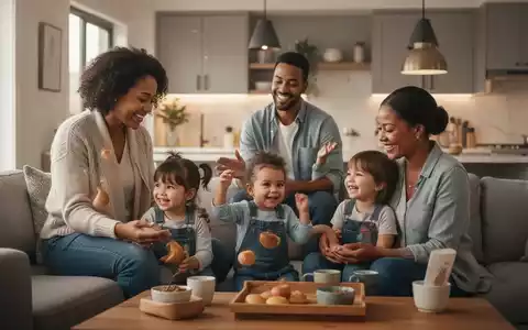 Eine Familie – Eltern und Kinder – interagiert harmonisch in einem modernen Zuhause, symbolisch für Work-Life-Balance. - Foto: über boerse-global.de
