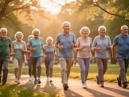 Ältere Menschen joggen und walken gemeinsam durch einen sonnigen Park, symbolisiert Bewegung und ein langes Leben. - Foto: über boerse-global.de