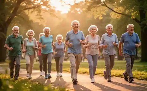 Ältere Menschen joggen und walken gemeinsam durch einen sonnigen Park, symbolisiert Bewegung und ein langes Leben. - Foto: über boerse-global.de