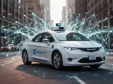 Ein Waymo-Roboter-Taxi fährt auf einer Stadtstraße, überlagert von einem transparenten Netz, das künstliche Intelligenz und Sicherheit darstellt. - Foto: über boerse-global.de