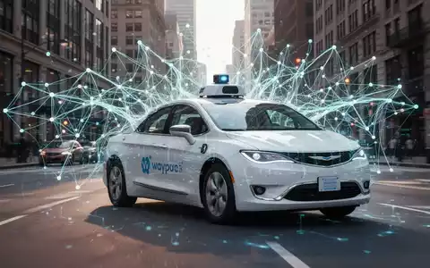 Ein Waymo-Roboter-Taxi fährt auf einer Stadtstraße, überlagert von einem transparenten Netz, das künstliche Intelligenz und Sicherheit darstellt. - Foto: über boerse-global.de