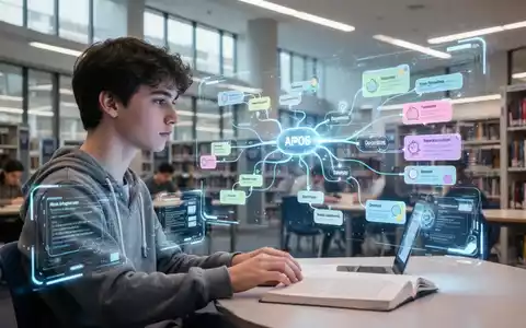 A student interacts with an AI-powered holographic interface displaying study tools in a university library. - Foto: über boerse-global.de