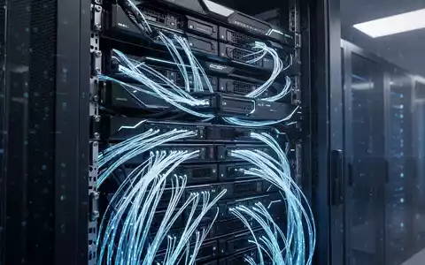 A futuristic server rack with glowing optical fiber cables and sleek, dark hardware, symbolizing advanced AI infrastructure development. - Foto: über boerse-global.de