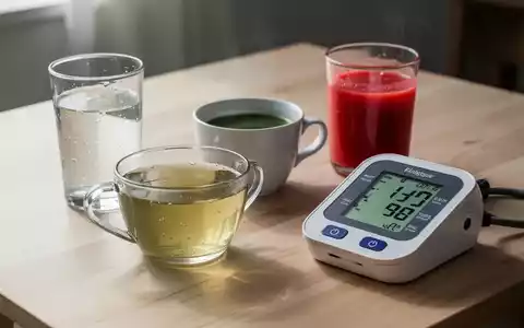 Ein Glas Wasser, eine Tasse grüner Tee und ein Glas roter Saft neben einem digitalen Blutdruckmessgerät auf einem Holztisch. - Foto: über boerse-global.de